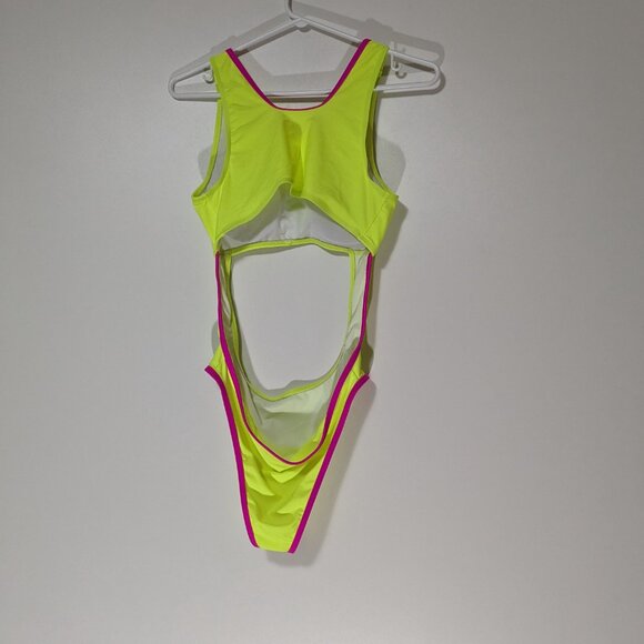 *3/$10* One Piece Swimsuit with Cutouts Neon Yellow Pink Size Medium - Picture 3 of 3